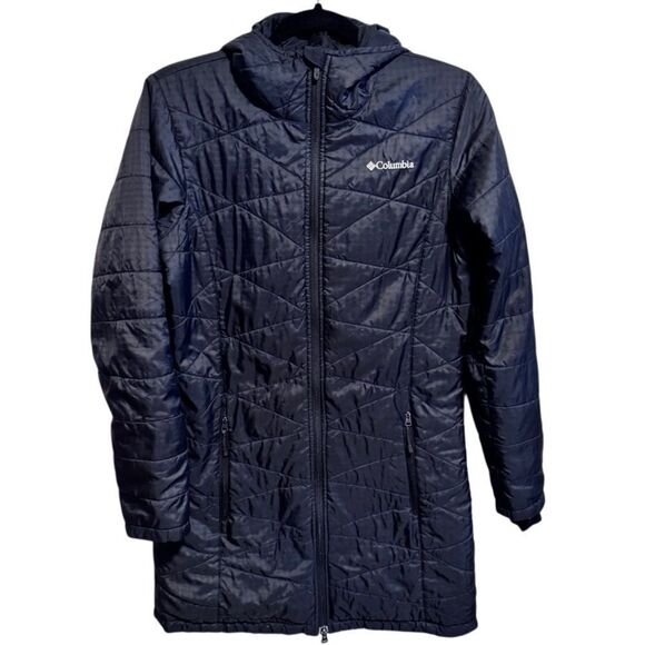 Columbia- Mighty Lite Black Long Line Hooded Puffer Jacket OmniHeat, Size Small - Picture 2 of 16